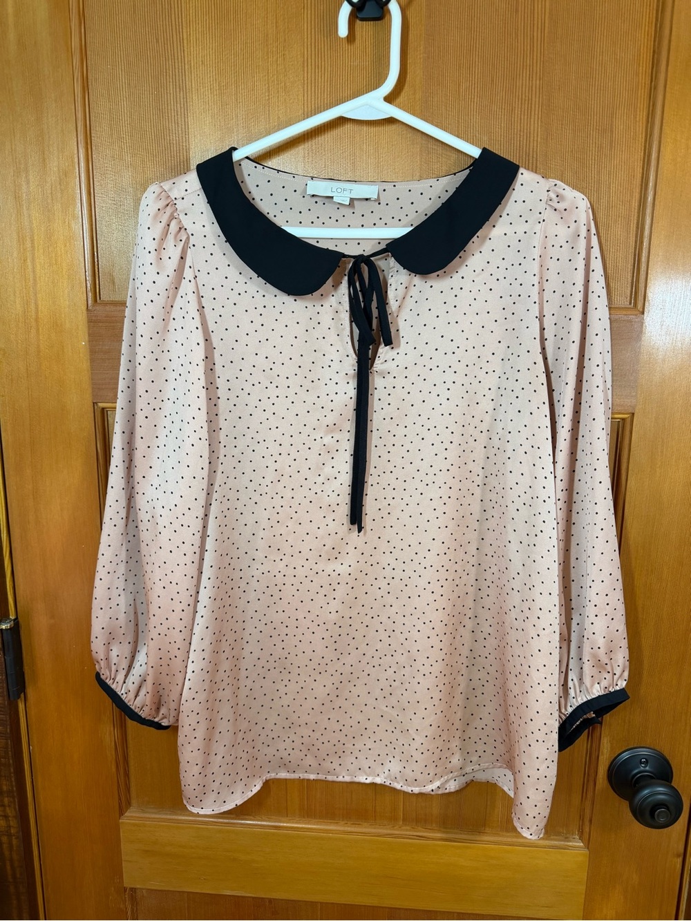 LOFT Blush Pink Polka Dot Blouse with Black Peter Pan Collar